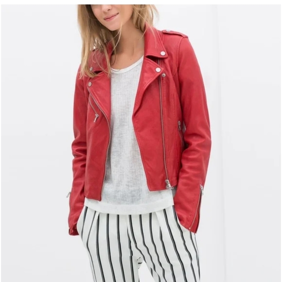 ZARA TRAFALUC Red Moto faux leather jacket. Size XL - Picture 5 of 16